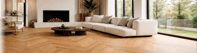Elegant living room with engineered wood parquet flooring in Dubai