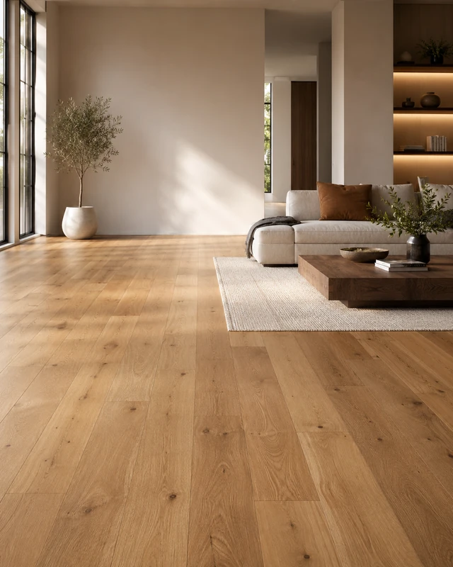 Premium engineered wood flooring in a modern Dubai interior