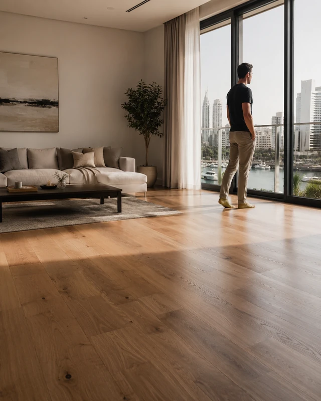 Premium solid hardwood flooring in a modern Dubai interior