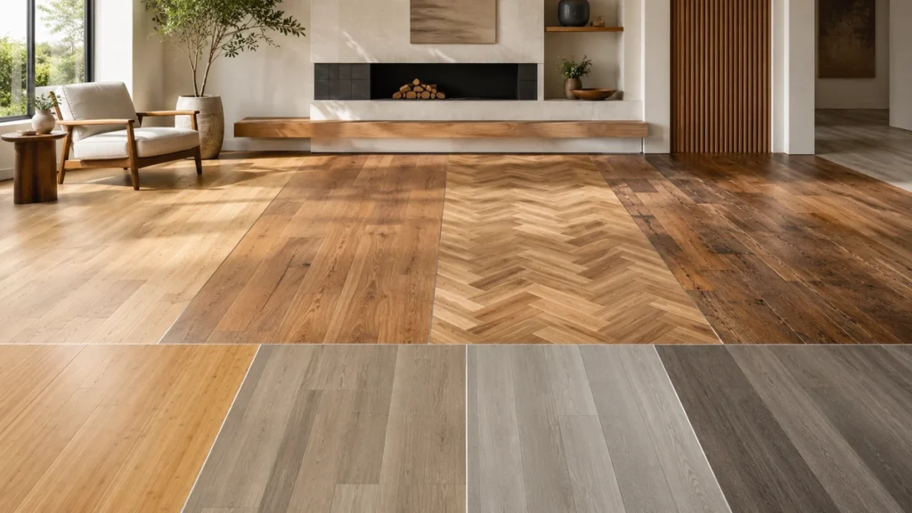 Different types of wood flooring samples including solid wood, engineered wood, parquet, laminate, SPC and LVT flooring