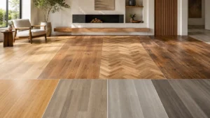 Different types of wood flooring samples including solid wood, engineered wood, parquet, laminate, SPC and LVT flooring
