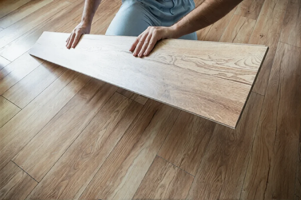 Kitchen space with water-resistant laminate flooring planks