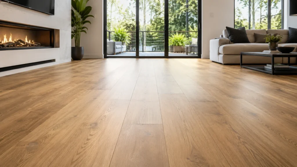 Wood-look laminate flooring planks showing realistic grain and layered construction