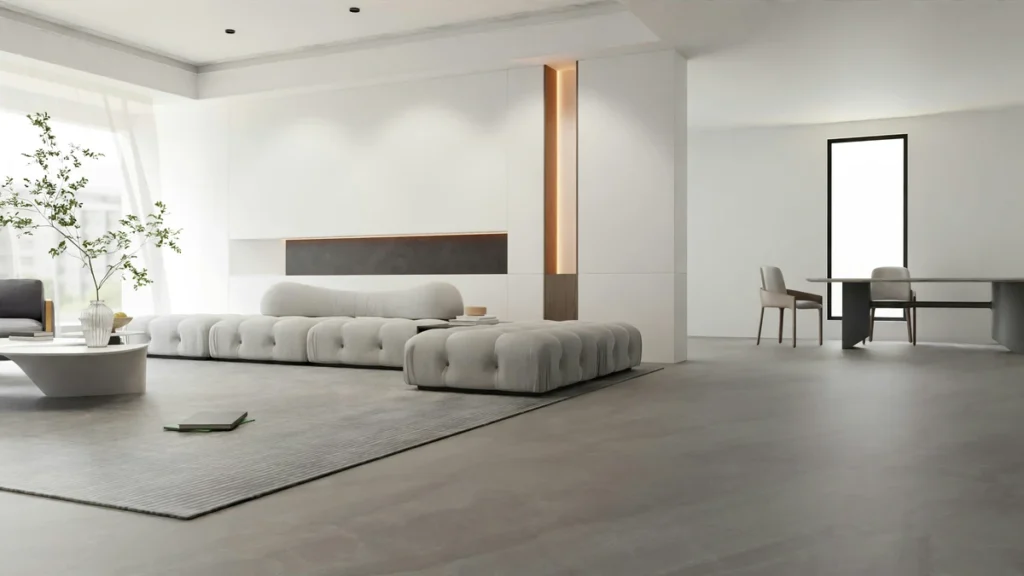 Wood-look SPC flooring installed in a modern living room with natural light and minimal furniture