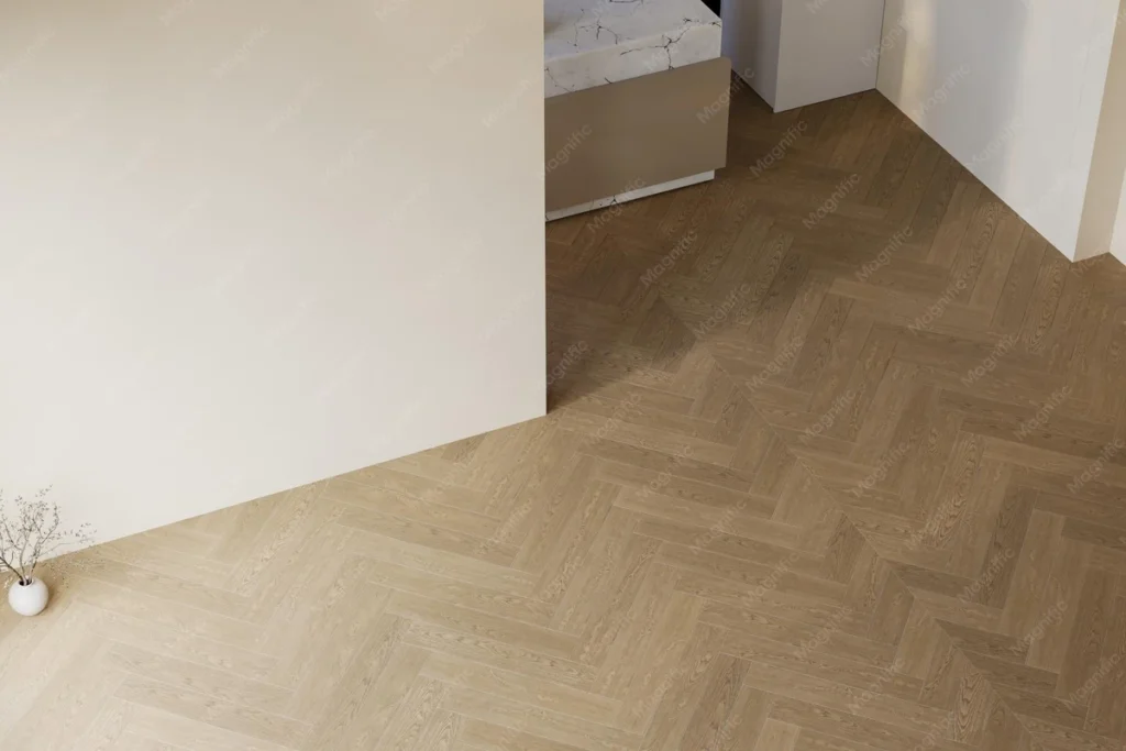 Modern kitchen and dining area with durable SPC flooring in a natural wood-look finish