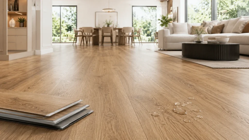 Home office interior with scratch-resistant SPC flooring and wide oak-style planks