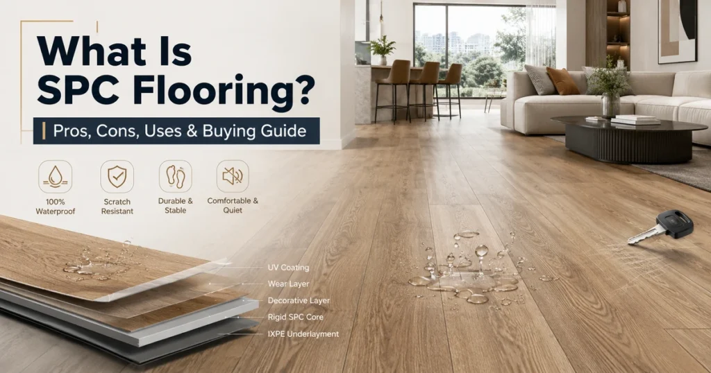 Modern interior room with waterproof SPC flooring showing wood-look rigid core flooring design