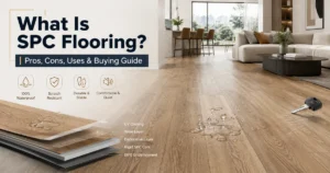 Modern interior room with waterproof SPC flooring showing wood-look rigid core flooring design