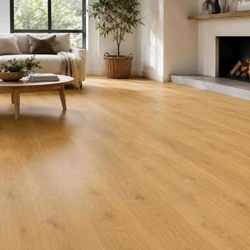 Warm honey-toned KRONOTEX Pisa Oak laminate surface