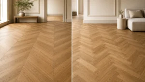 Side-by-side comparison of chevron and herringbone wood flooring patterns in a bright modern interior