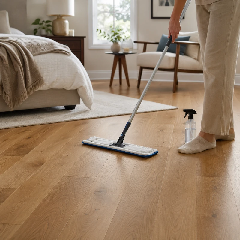 Person cleaning engineered wood flooring with a barely damp microfiber mop in a bright bedroom