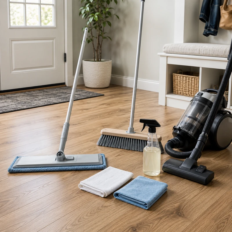 Microfiber mop, soft broom, vacuum cleaner, towels, and wood-safe cleaner arranged on engineered wood flooring