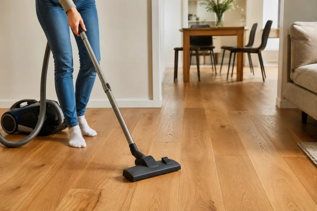 Person vacuuming dust and loose dirt from engineered wood flooring before damp cleaning
