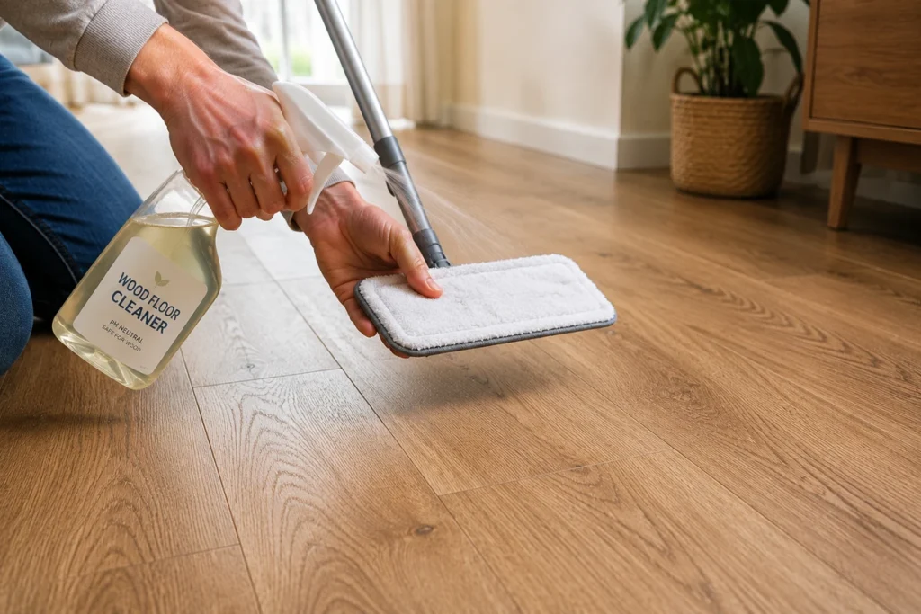 Person lightly spraying wood floor cleaner onto a microfiber mop pad