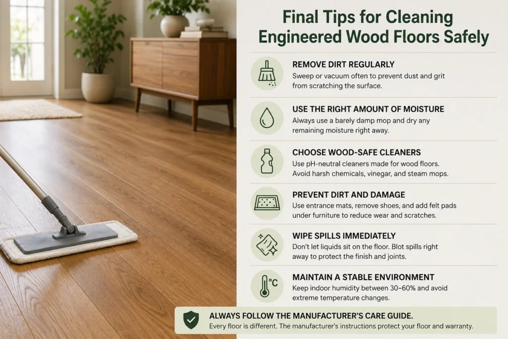 Engineered wood floor cleaning infographic showing safe moisture control, regular dust removal, spill care