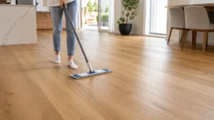 Person cleaning engineered wood flooring with a barely damp microfiber mop in a bright modern home interior