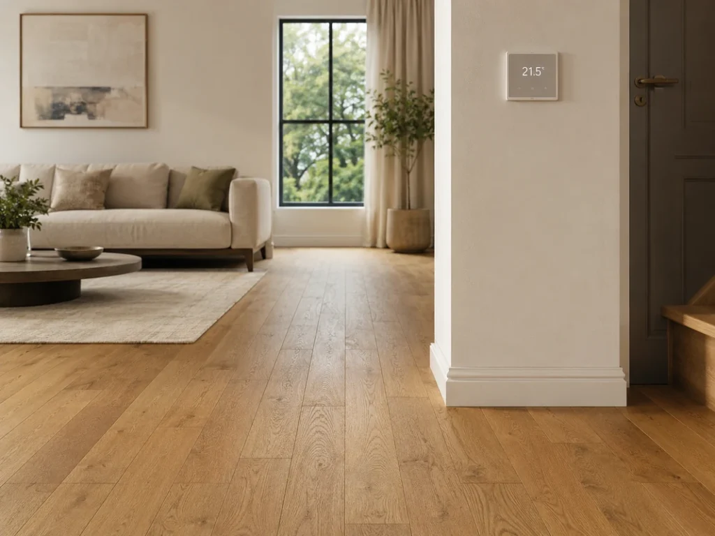 Engineered wood flooring with underfloor heating thermostat in a modern living room interior