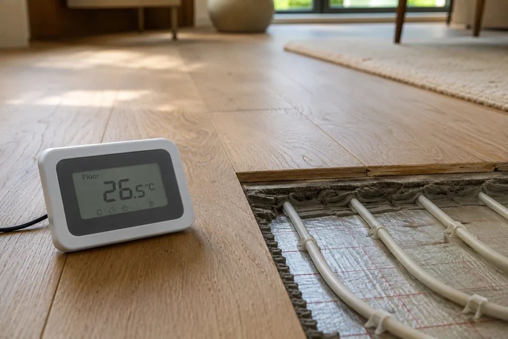 Close-up of engineered wood flooring with exposed underfloor heating pipes and floor temperature monitor