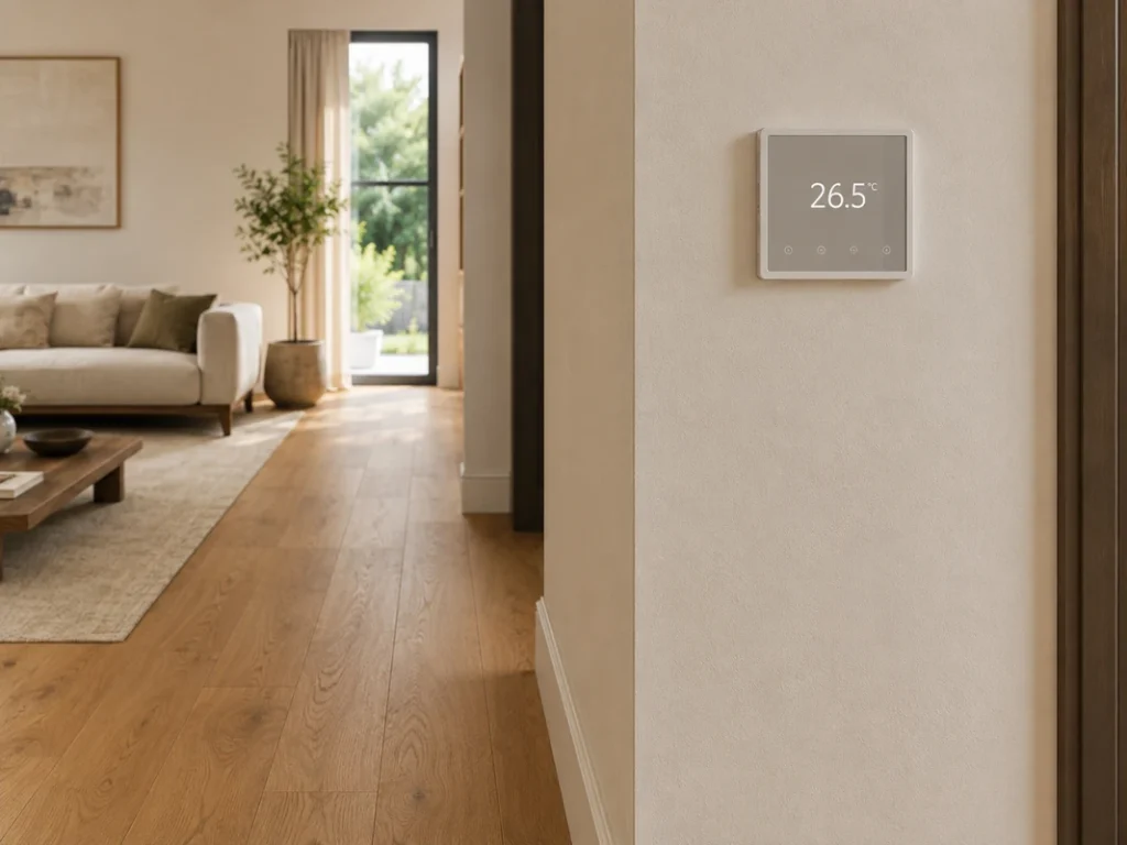 Wall-mounted floor sensor thermostat controlling underfloor heating beneath engineered wood flooring