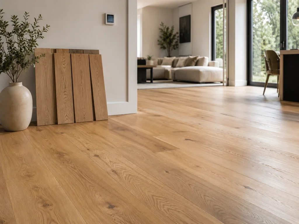 Engineered wood flooring samples displayed in a modern home with underfloor heating control on the wall