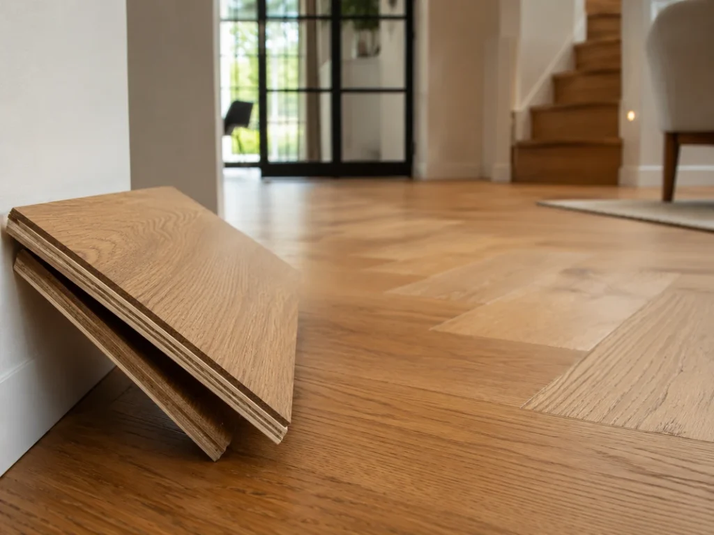 Layered engineered wood flooring sample showing board construction on a finished wood floor