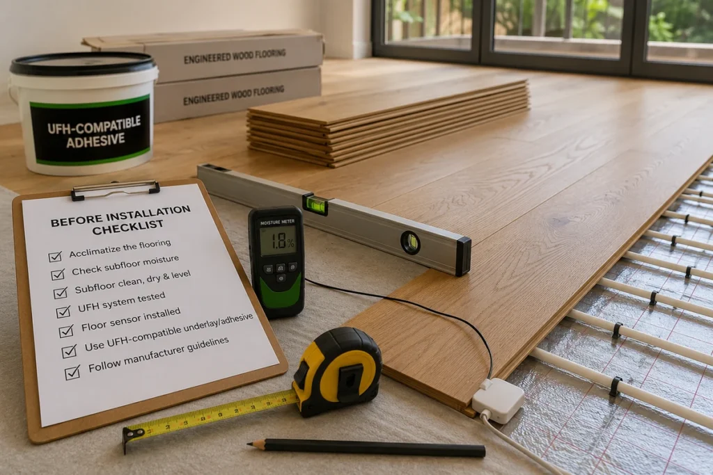 Before installation checklist with moisture meter, level, adhesive, underfloor heating pipes, and engineered wood planks