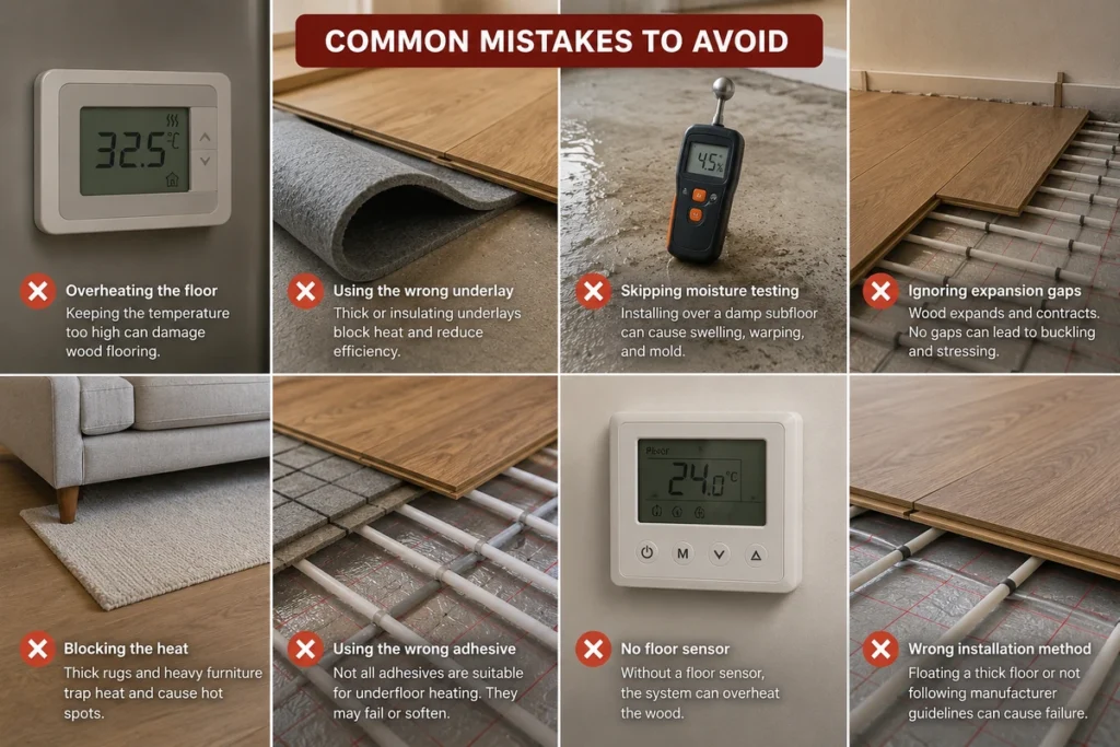 Common underfloor heating mistakes for engineered wood flooring shown in a practical visual guide