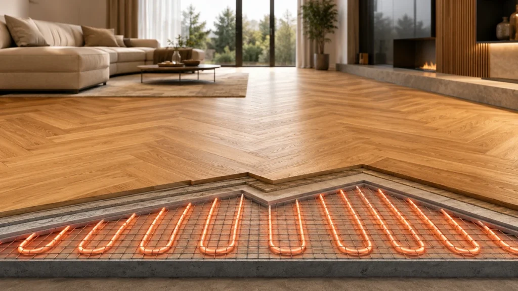 Engineered wood parquet flooring with visible underfloor heating system in a modern living room cutaway view