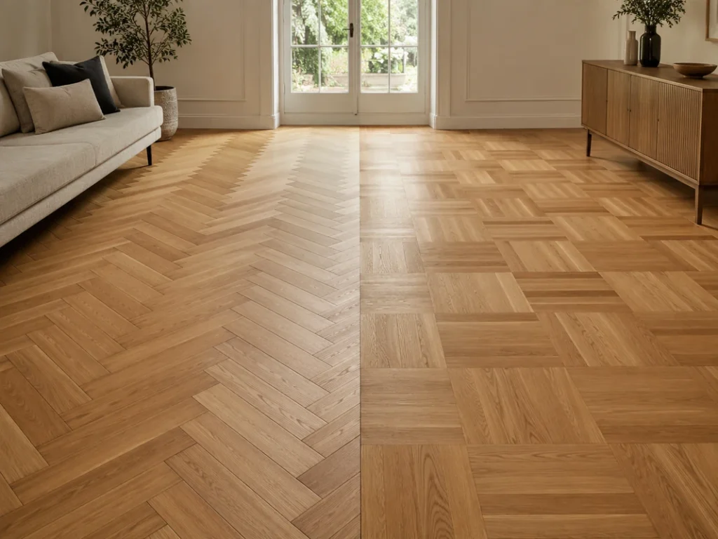 Herringbone and parquet flooring patterns compared in a modern living room
