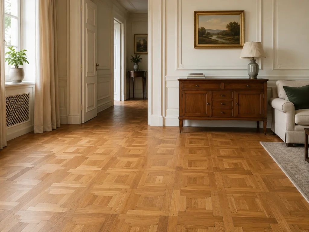Traditional parquet flooring with geometric wood blocks in an elegant home interior