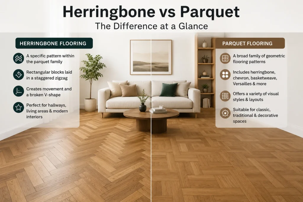 Herringbone and parquet flooring options displayed in a modern living room