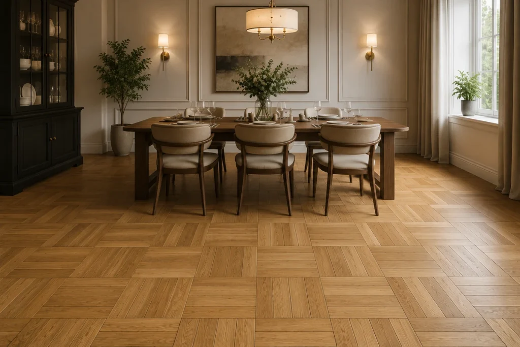 Basketweave parquet flooring in a warm, elegant dining room