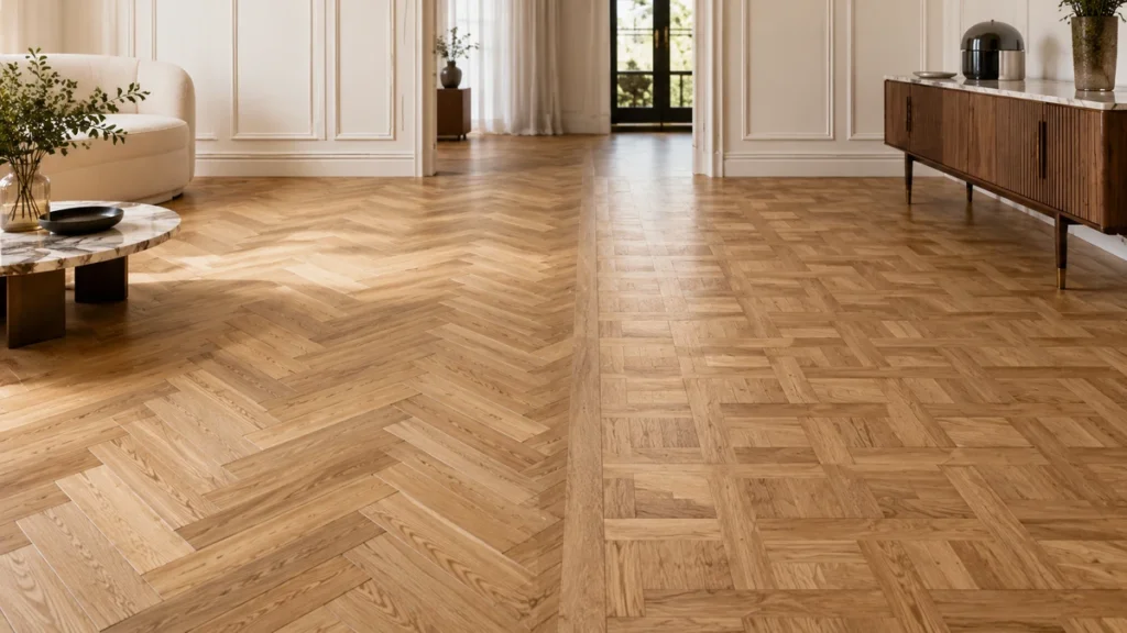 Herringbone flooring beside a basketweave parquet pattern in an elegant modern living room