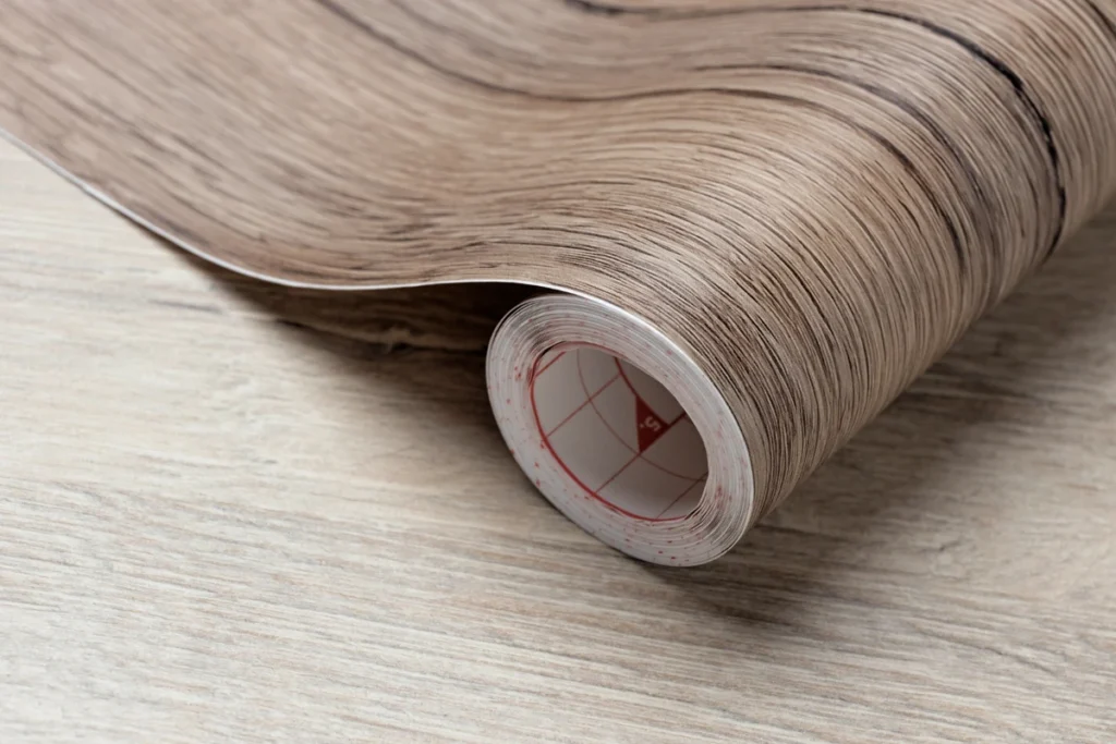 DIY vinyl flooring installation with utility knife, tape measure, and straight edge tools