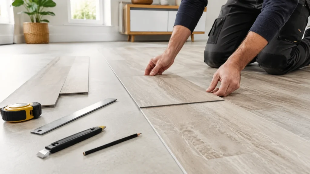 Step-by-step vinyl tile flooring installation in a modern room with tools and neatly laid floor tiles