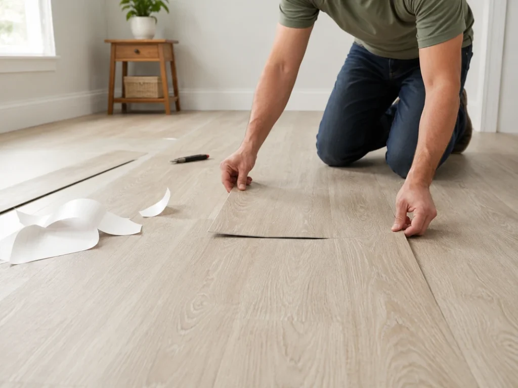 Glue-down vinyl tile installation with adhesive spread on the prepared subfloor