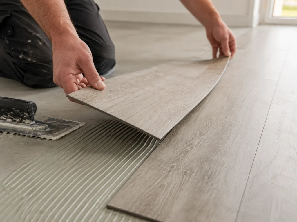 Step-by-step vinyl tile installation in a bright modern room with tools and aligned floor tiles