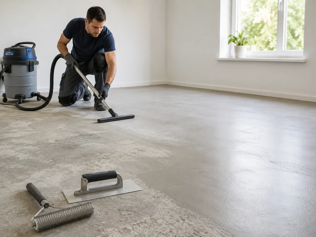 Worker cleaning and leveling the subfloor before installing vinyl floor tiles