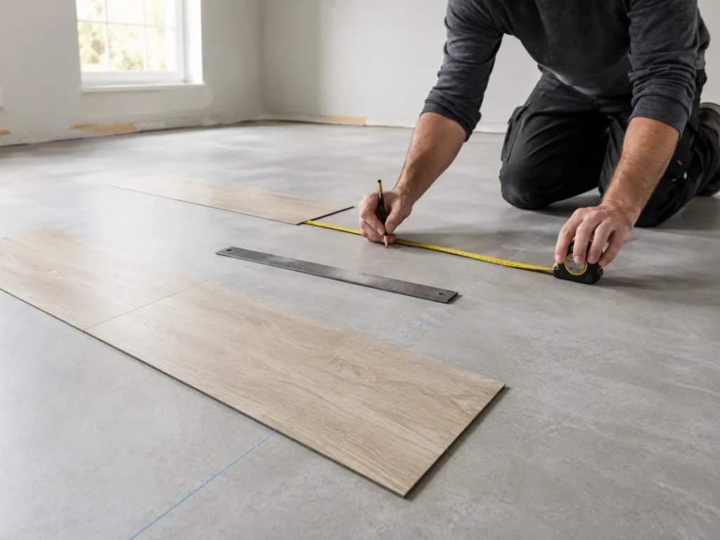 Peel-and-stick vinyl tile being placed by hand on a light wood-look floor
