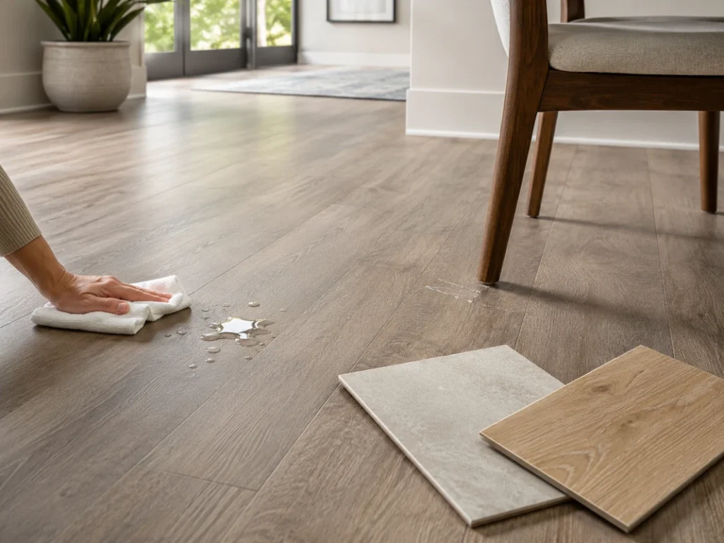 Wood-look LVT flooring with water spill being wiped and vinyl flooring samples displayed nearby