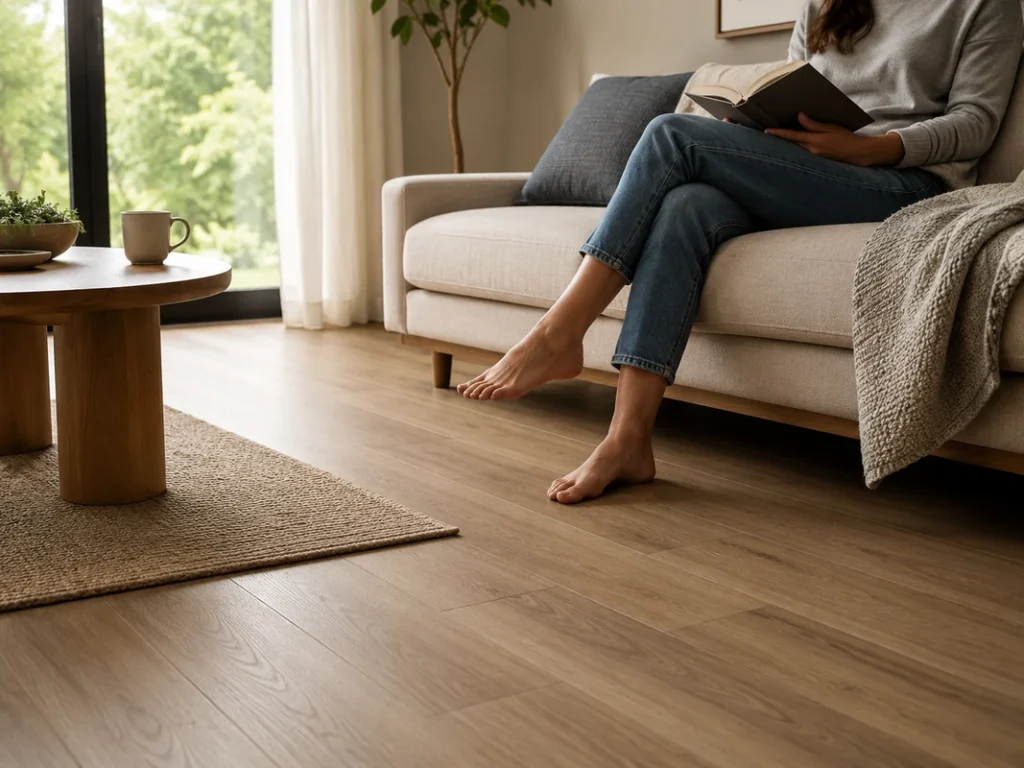 Person relaxing barefoot in a quiet living room with warm wood-look LVT flooring