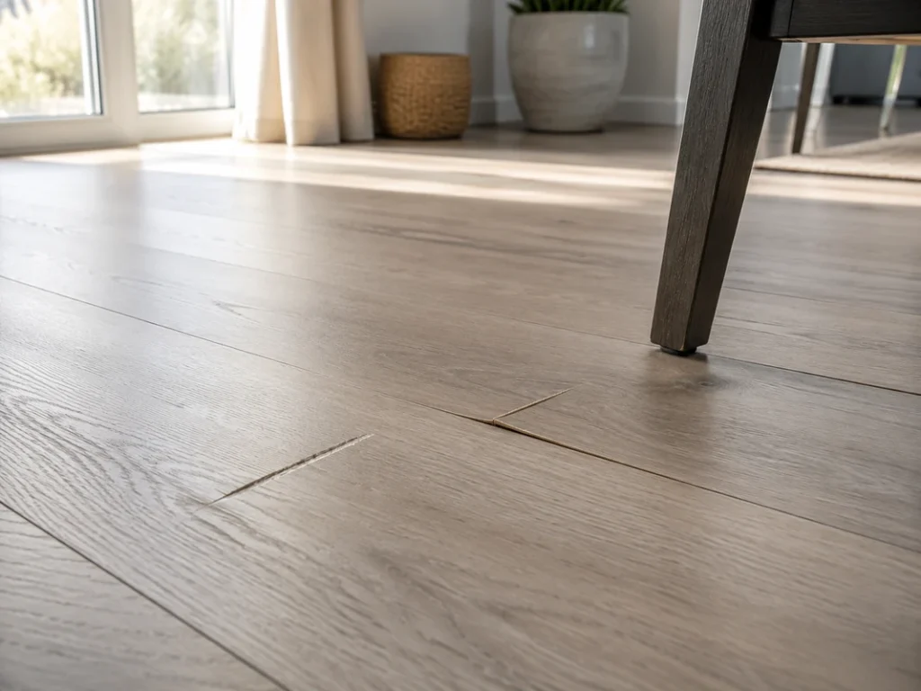 Scratched and raised LVT plank near a furniture leg in a sunlit room