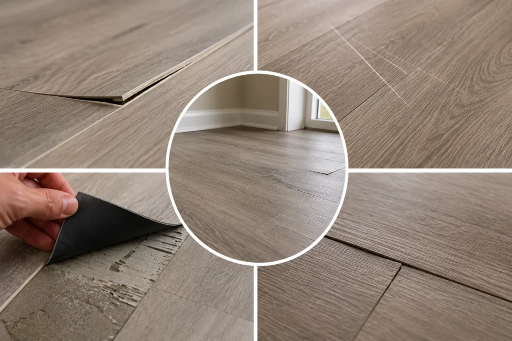 Close-up collage showing scratched, lifted, uneven and difficult-to-remove LVT flooring
