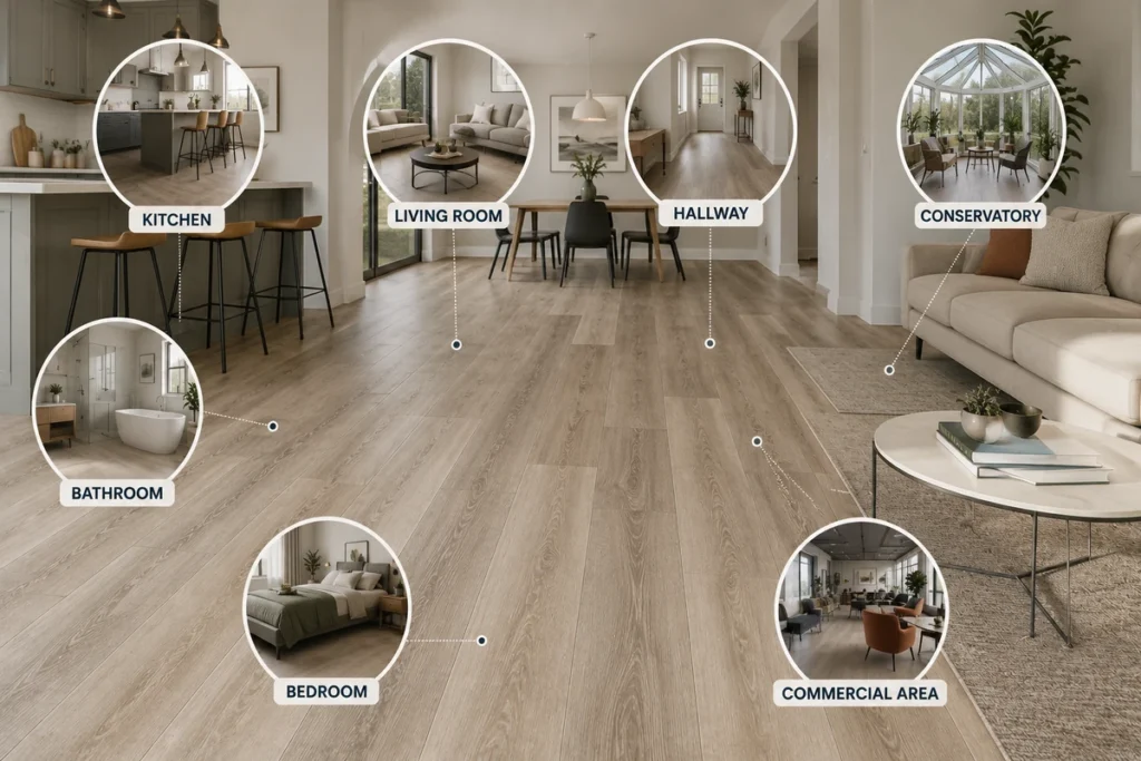 LVT flooring used across kitchens, bathrooms, bedrooms, living rooms and commercial spaces