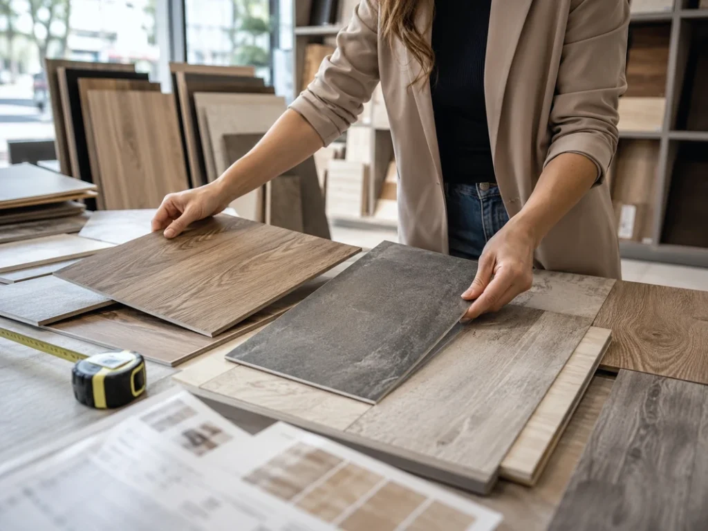 Customer comparing wood-look and stone-look LVT flooring samples in a flooring showroom