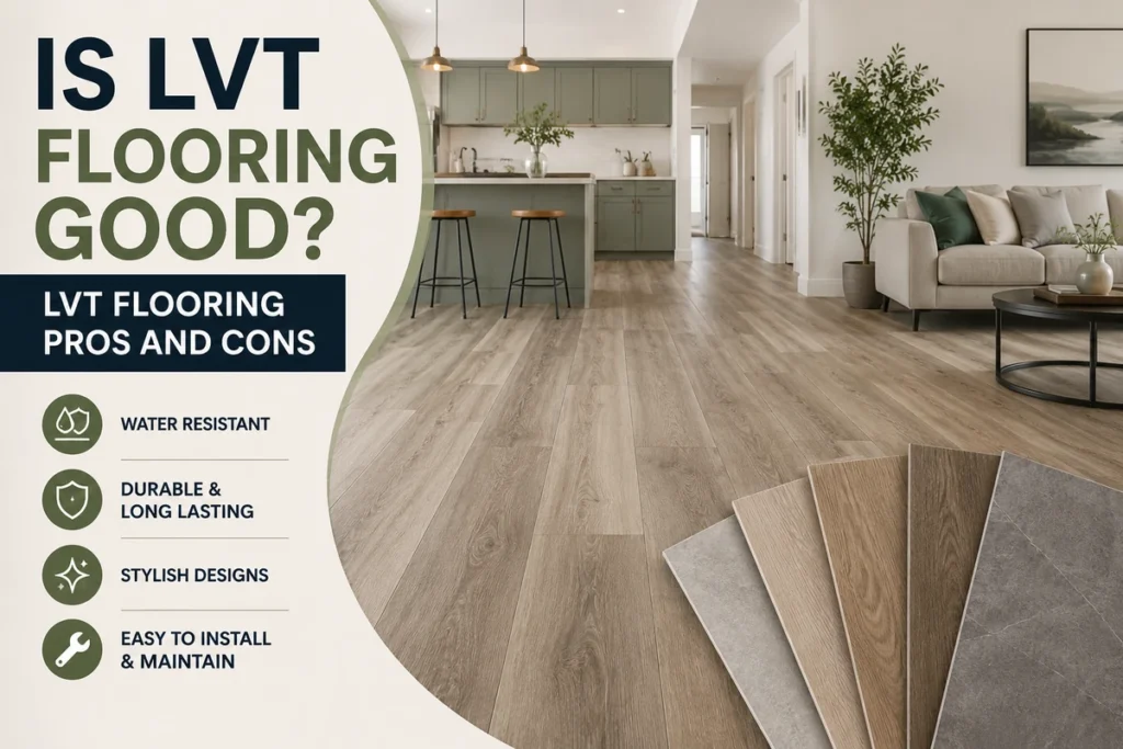 Modern living room and kitchen with wood-look LVT flooring, flooring samples, and LVT pros and cons highlighted