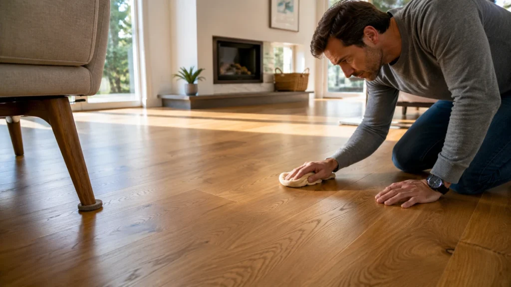 Homeowner gently wiping polished wood flooring to show why regular wood floor maintenance protects the finish.