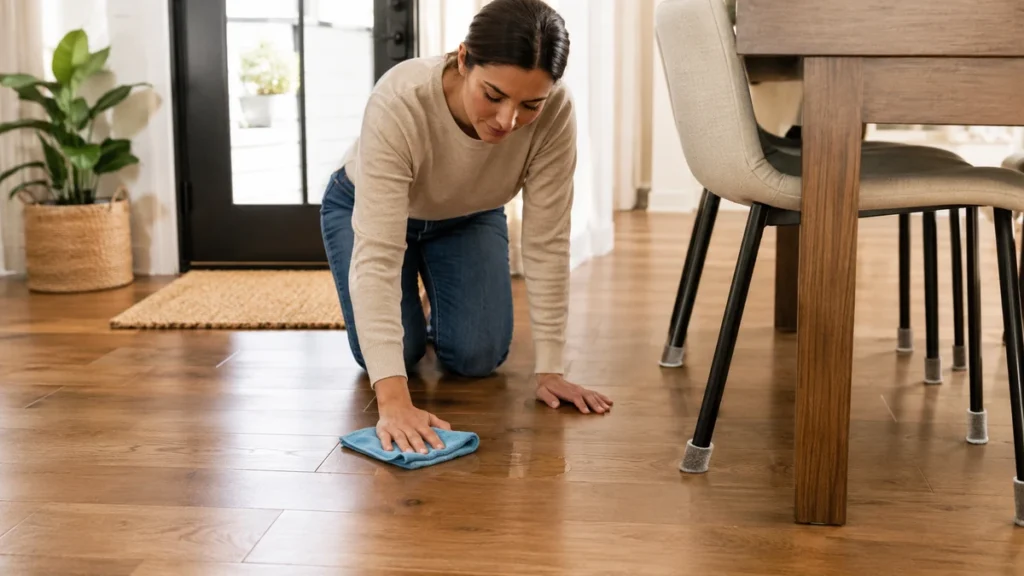 Woman cleaning a small spill near an entrance area to demonstrate daily wood floor care