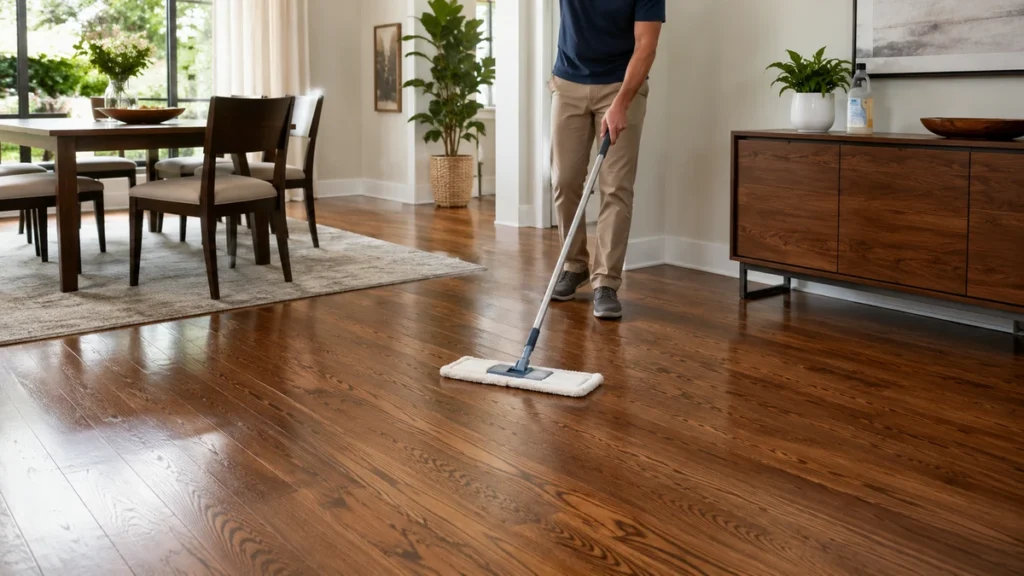 Man using a flat microfiber mop on hardwood flooring to clean safely without damaging the wood finish