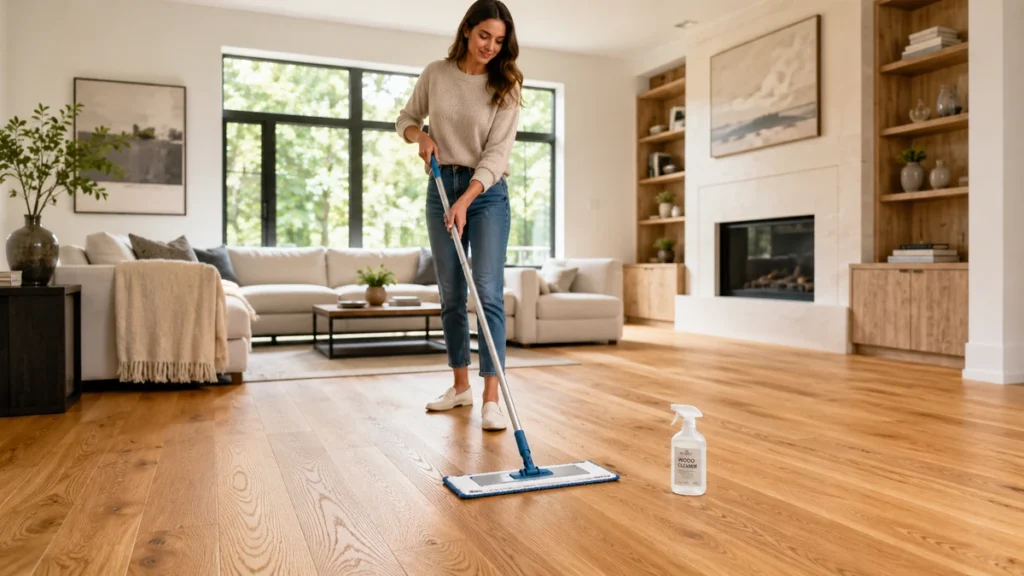 Woman washing oak floors safely with a flat microfiber mop